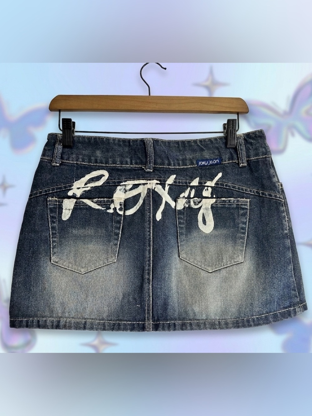 Hand Painted Y2K Roxy Jean mini skirt VIntage + Rare